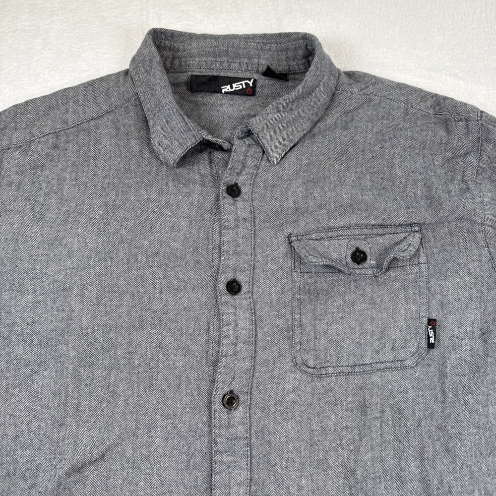Rusty Shirt Button Up Steel Blue‎ Herringbone Surfer Grunge Preppy Mens Size XL